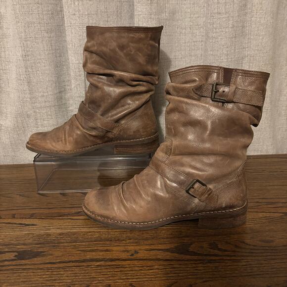 J. Jill Women’s 9M Brown Leather Slouch Mid-Calf Boots Buckle Strap Distressed - Picture 1 of 8